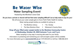 A poster for Monkton Lions' Water Wise well sampling and well protection event.